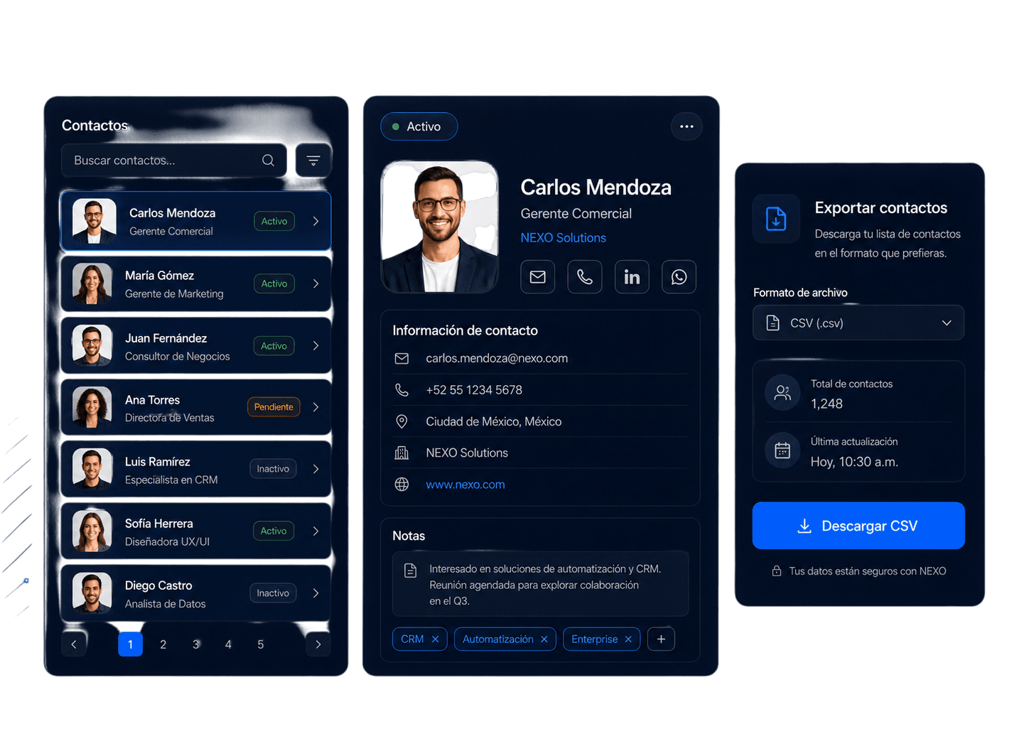 Panel de contactos y gestión de conexiones