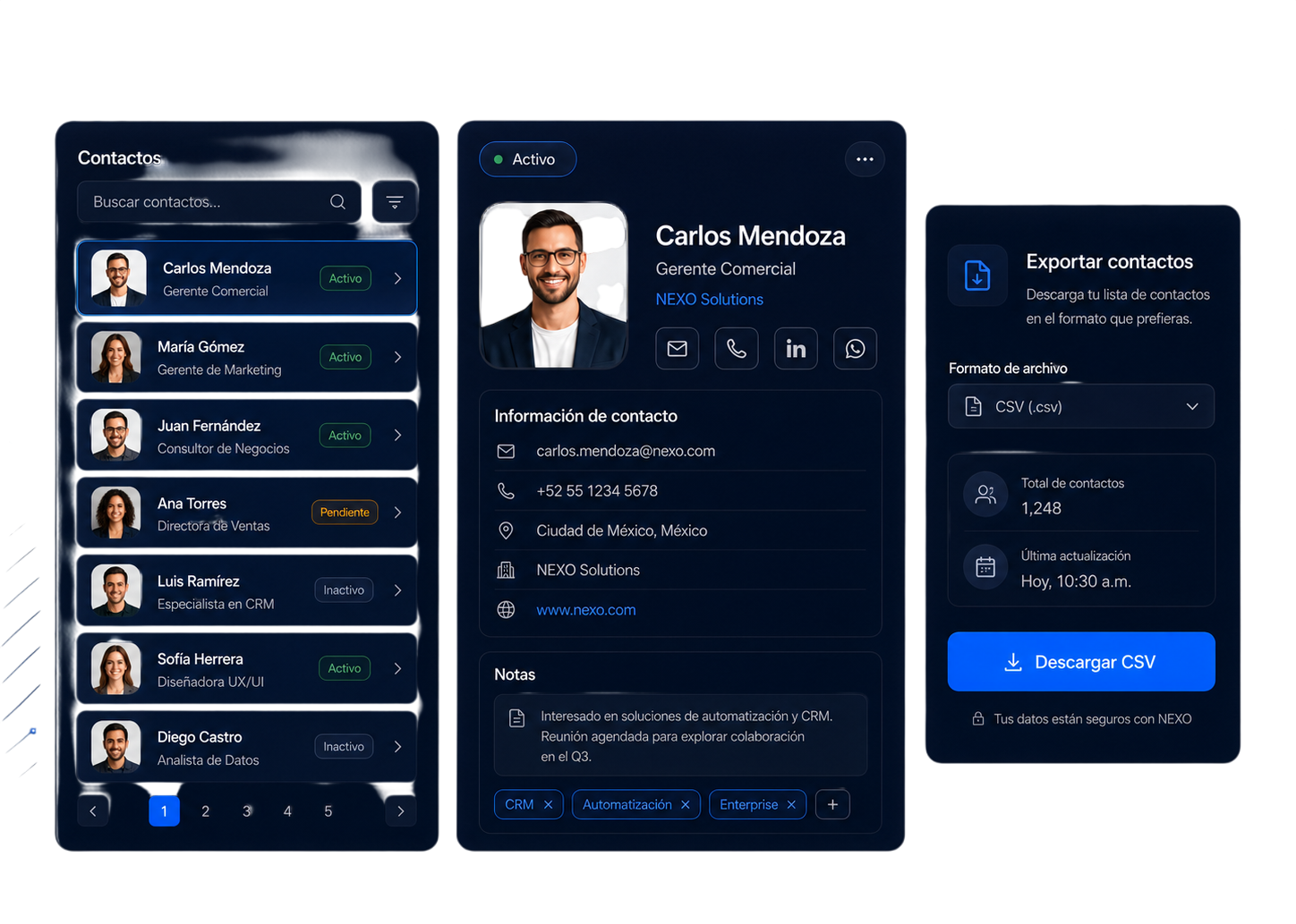Panel de contactos y gestión de conexiones